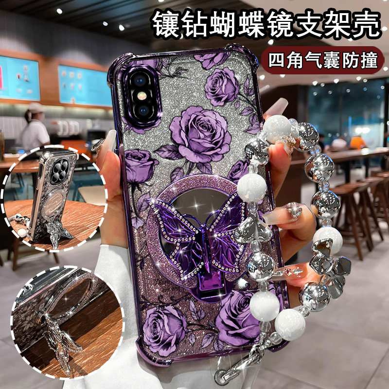适用苹果X网红手机壳潮女XR闪粉支架iPhoneXS镜头全包xsmax蝴蝶镜软壳XSMAX防摔印花xsmax保护套创意iPhoneX