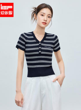 IEF/爱依服2026夏季新款短袖条纹针织衫女夏V领修身休闲百搭上衣