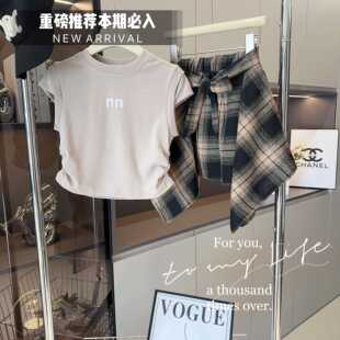 2024韩版 女童套装 夏季 新款 格子不规则半身裙两件 洋气宝宝字母短袖
