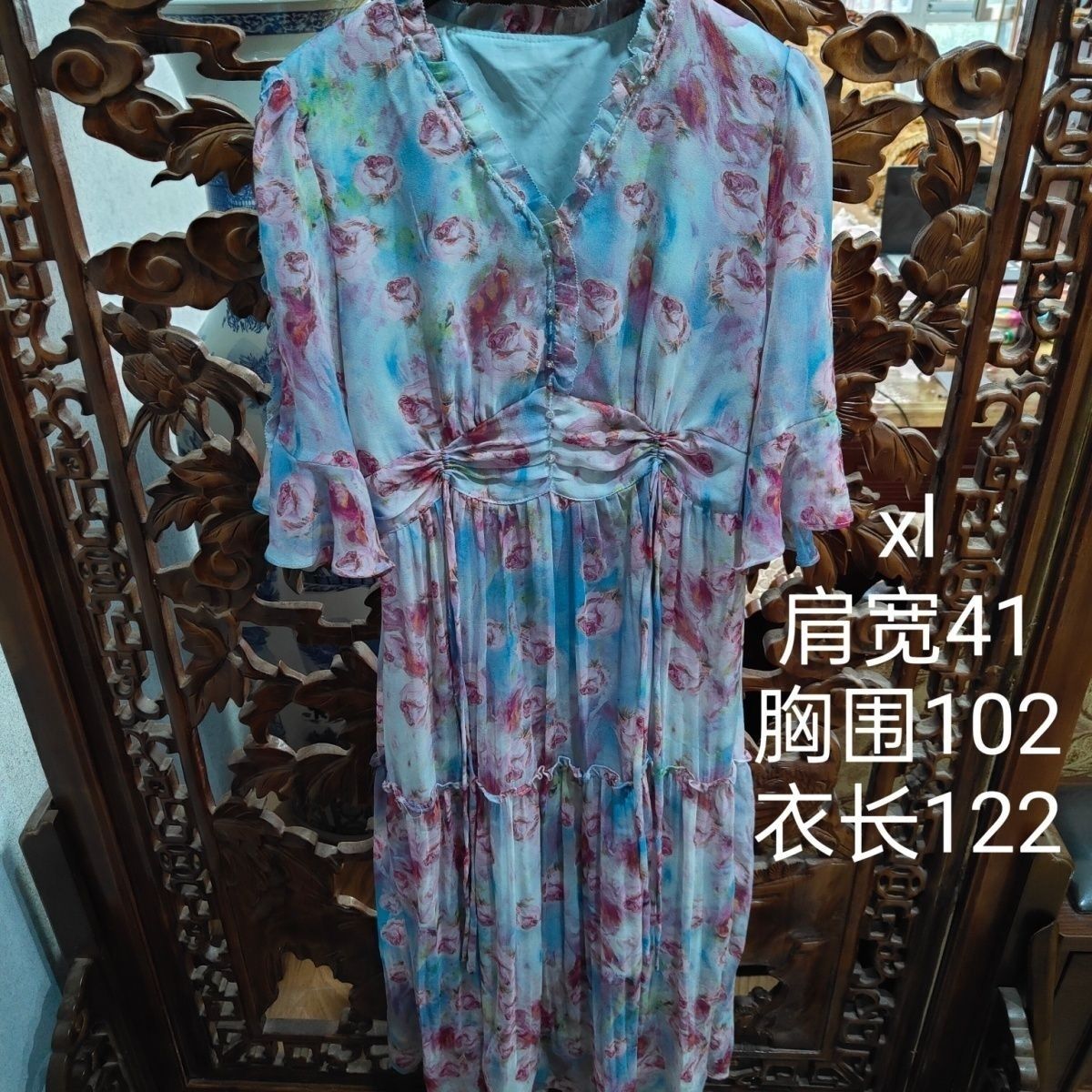夏雪纺连衣裙长裙手工钉钻珠花气质高腰飘逸A字仙气飘飘淑女凉快