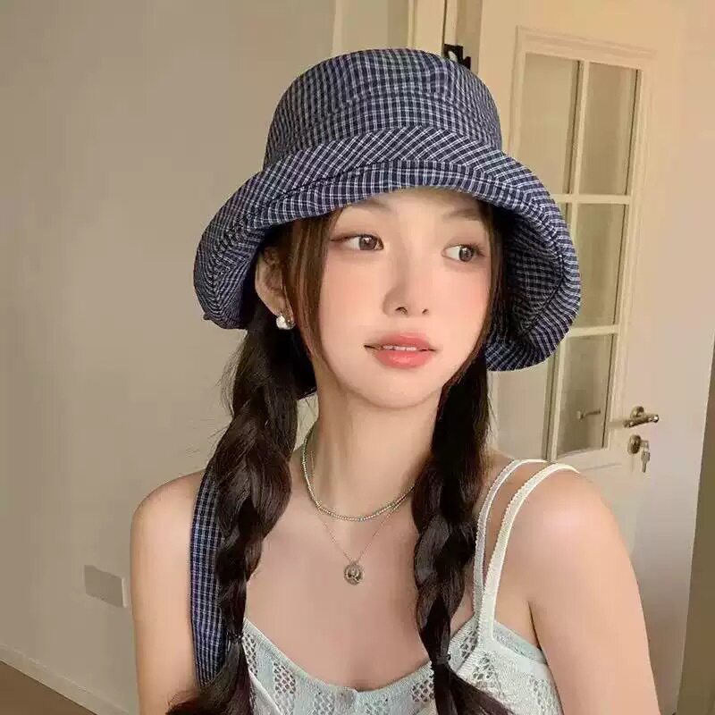 韩版格纹卷边渔夫帽子女春夏季百搭小清新盆帽出游逛街防晒遮阳帽