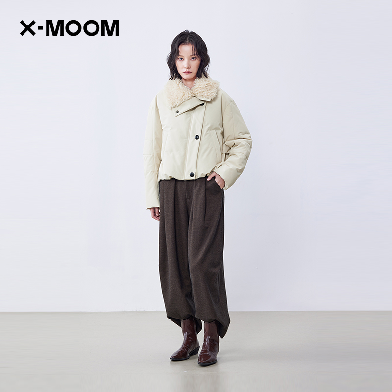 XMOOM斜门襟环保皮草短款羽绒服
