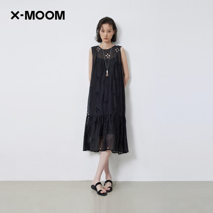 【商场同款】X--MOOM2025夏季新款花朵镂空露背无袖中长款连衣裙