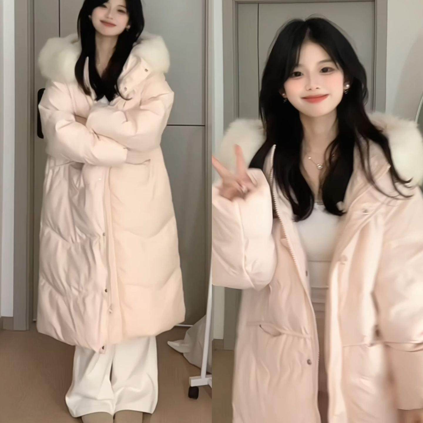 甜奶风中长款大衣棉服外套女冬季软糯大毛领连帽棉袄宽松显瘦棉衣