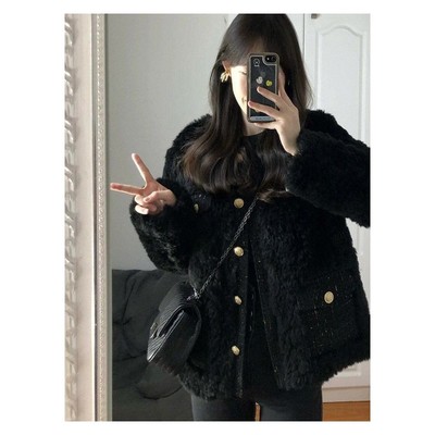 黑色小香风羊羔毛绒加厚