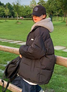 温柔风拼色加厚连帽假两件棉服女秋冬新款学生棉衣外套网图