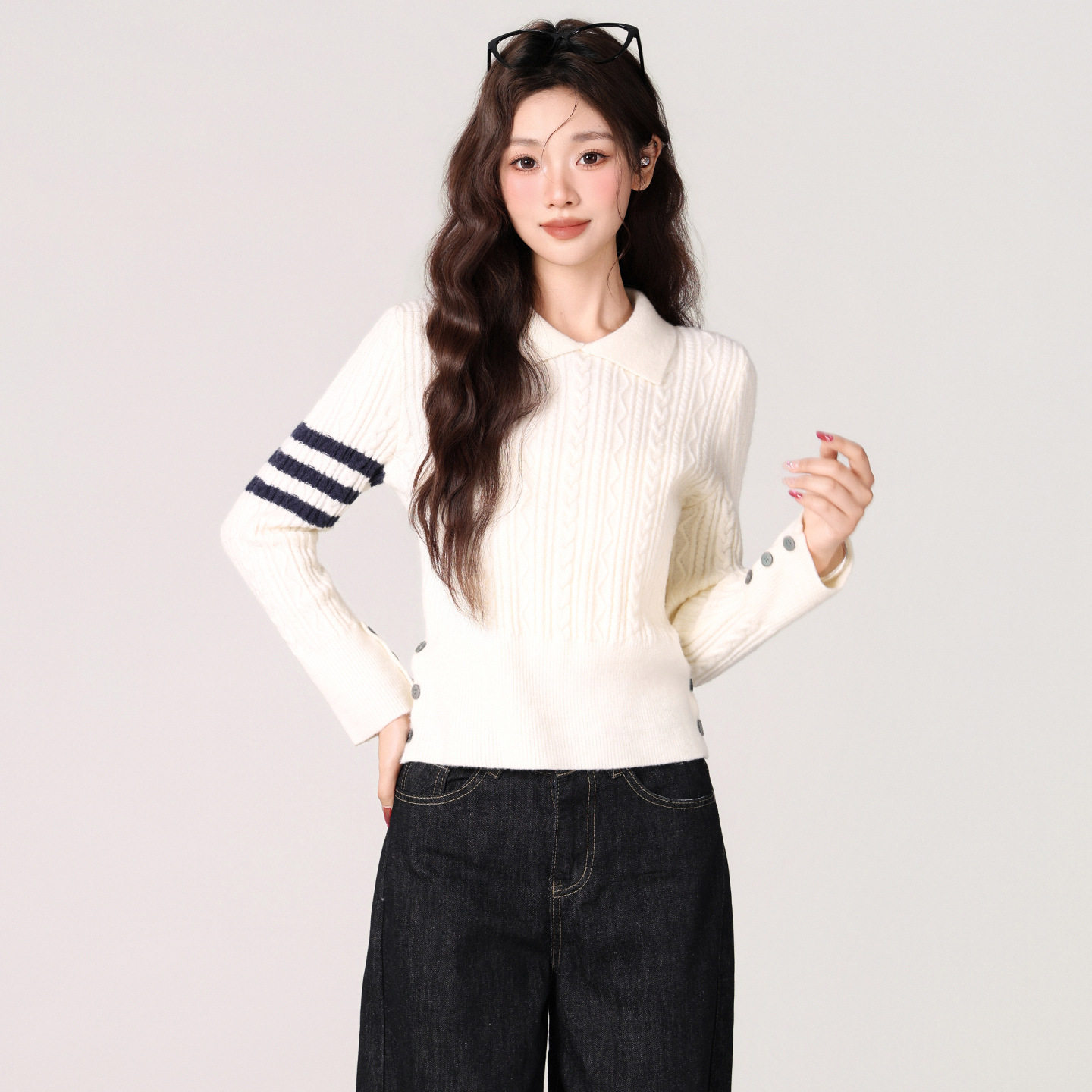 秋冬新款白色翻领麻花针