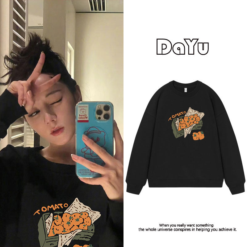 热巴明星同款圆领卫衣女2025新款韩系宽松冬季加绒加厚宽松上衣女