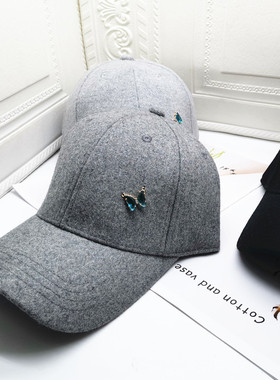 2021年男女百搭大檐秋冬季毛呢保暖休闲鸭舌帽水钻蝴蝶黑色棒球帽