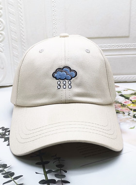 新品男女亲子可爱粉色休闲圆顶逛街米色雨天刺绣图案可调节棒球帽