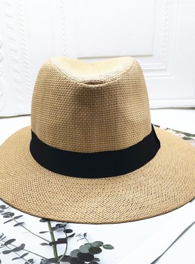 新品夏季男女出游优雅宽檐草编高顶黑色白色大头围英伦风遮阳草帽