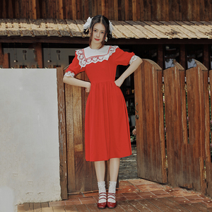 南君丨录音少女丨蕾丝拼接少女红学院风复古红色连衣裙长款裙