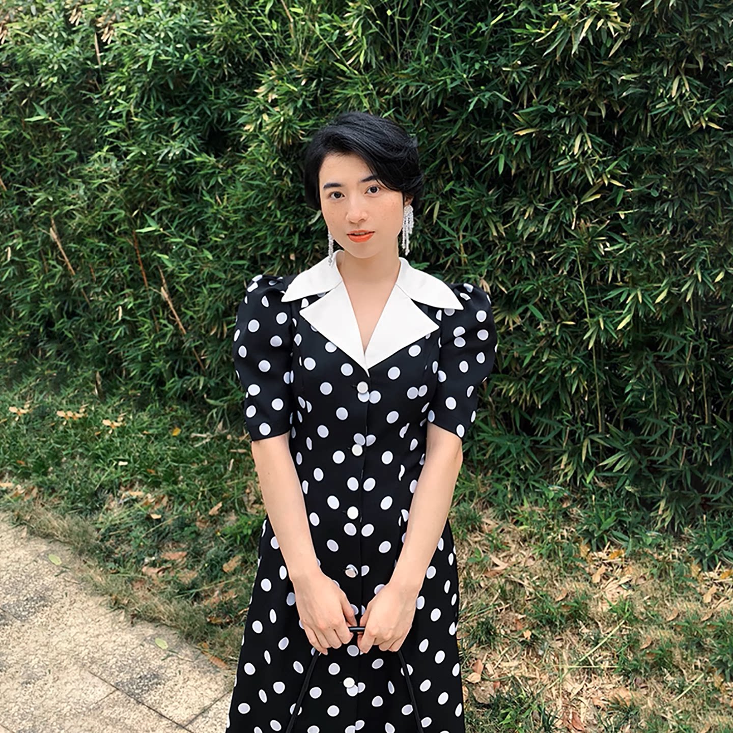 南君丨vintage复古赫本风短袖黑白波点连衣裙收腰高腰裙