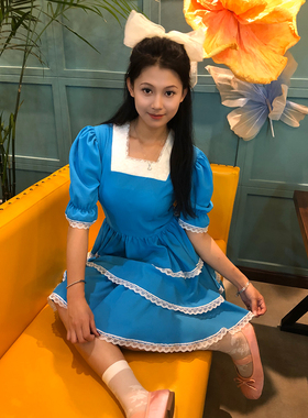 南君自制 「梦触手」复古少女学院湖蓝色蛋糕裙蕾丝领连衣裙新款