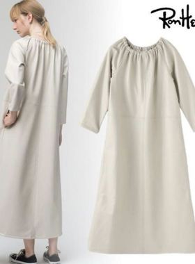 日本高端贵牌RHC松紧领子可一字领露肩pu皮宽松连衣裙