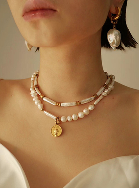 GAGA Studios小众原创天然不规则巴洛克珍珠古币项链女中古风轻奢