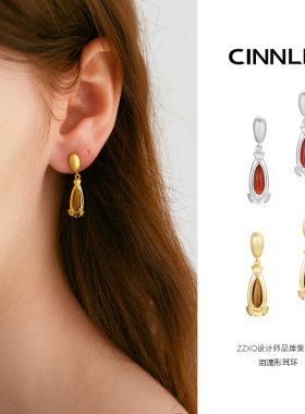 ZZXQ买手店夏诗文同款CINNLER拉丝纹红玛瑙虎眼石水滴耳环耳饰女