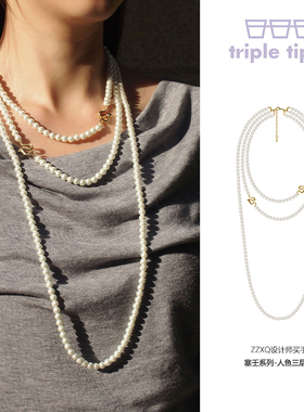 triple tipsy 塞壬人鱼三层珍珠项链 蛇尾造型毛衣链 叠戴战袍
