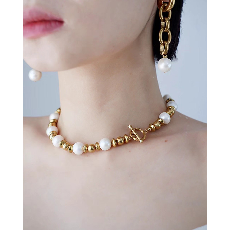 GAGA Studios原创金球碟片天然巴洛克螺纹珍珠项链OT扣两戴高级