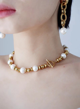 GAGA Studios原创金球碟片天然巴洛克螺纹珍珠项链OT扣两戴高级