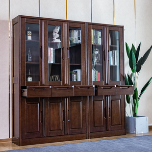 全实木书柜组合纯黑胡桃木书橱柜带玻璃门置物架约中式 家具