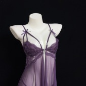 火烧岛 性感蕾丝拼接透视网纱前扣睡裙