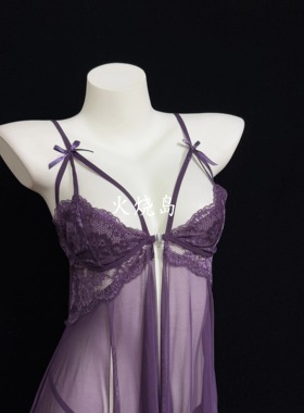 火烧岛 性感蕾丝拼接透视网纱前扣睡裙