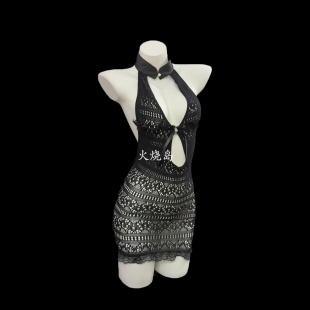 火烧岛 可撕扯 性感挂脖旗袍风包臀网衣