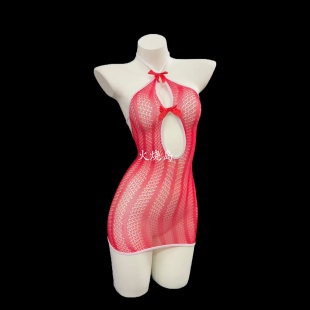 火烧岛 可撕扯 性感透视镂空挂脖蝴蝶结连体网衣