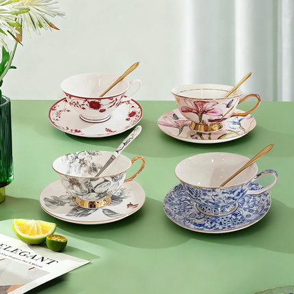 骨瓷田园风金边咖啡杯碟英式下午茶花茶杯高级感轻奢杯碟礼品套装