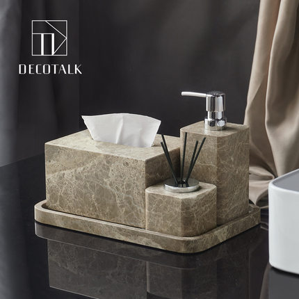DecoTalk原创设计天然大理石卫浴洗漱套件哑光侘寂风香薰瓶纸巾盒