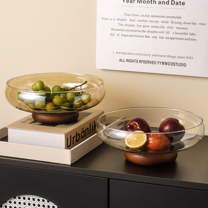 玻璃果盘高级感高脚装饰果盘实木底座家用高颜值零食轻奢收纳盘