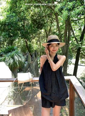 环保水洗柔软透气感牛仔挂脖宽松上衣阔腿短裤时尚套装