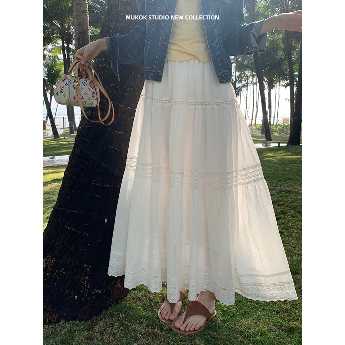 春日协奏曲~ 白色半身裙女a字纯棉法式大裙摆长款蛋糕裙