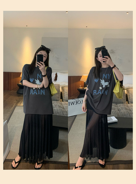 亲肤小狗字母印花韩系宽松短袖T恤清透气质黑网纱半裙套装