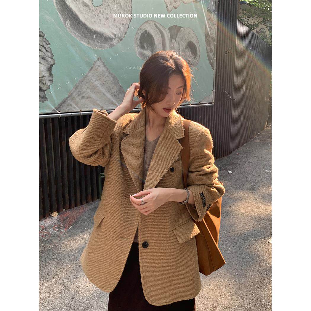 YSLS 毛边斜纹毛呢西装外套女秋季设计感刺绣休闲宽松西装外套女