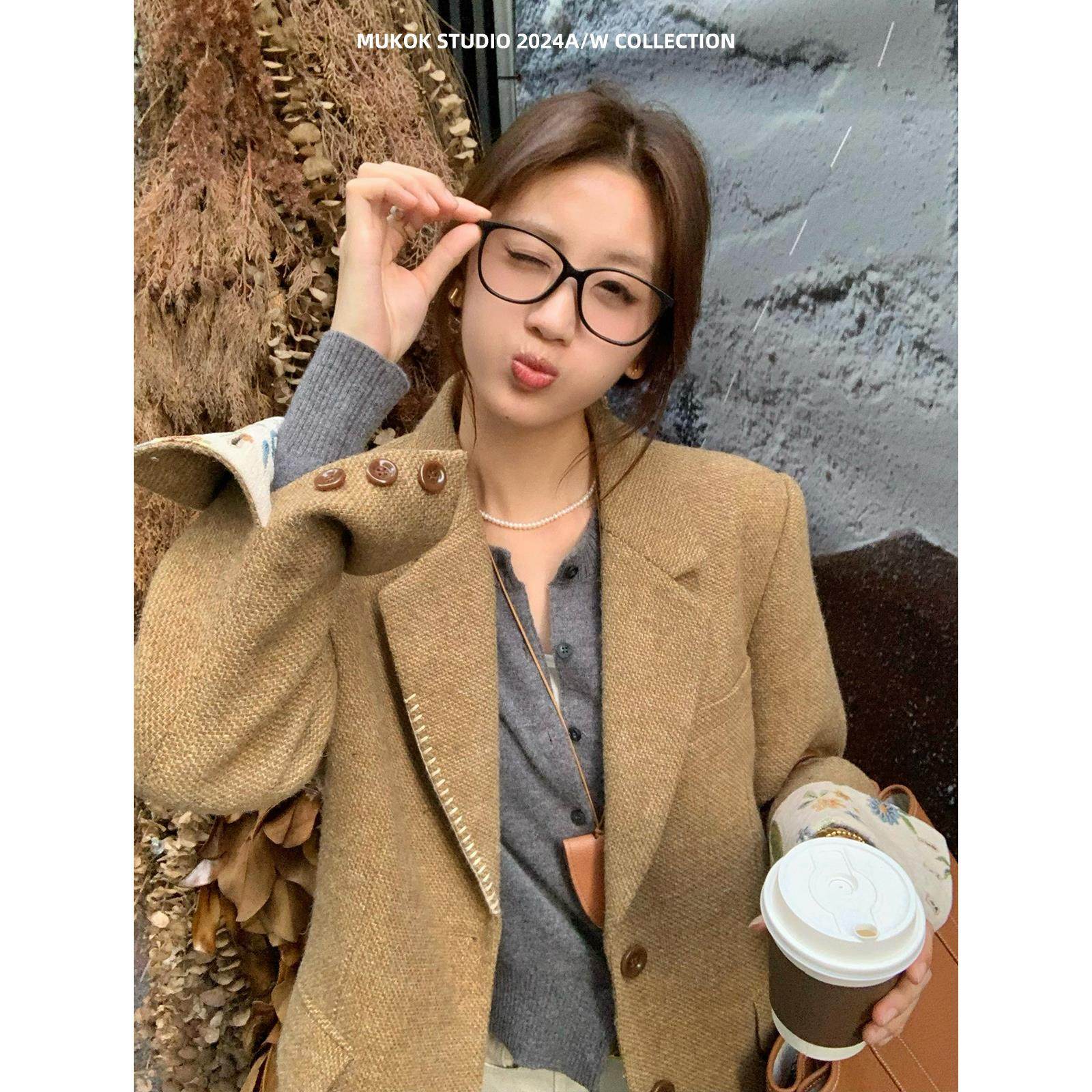 YSLS落日沙丘~ 经典小个子廓形羊毛粗花呢西装外套女秋装