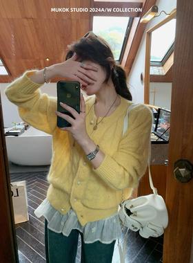 节日氛围~重工立体马海毛绞花小开衫减龄黄色针织上衣女