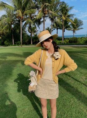 白桃少女~绵羊毛黄色圆领针织开衫外套女春百搭短款兔毛毛衣