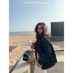 独特绝美厚外套过冬复古牛仔撞色加厚羊羔毛拼接女冬季短款棉服