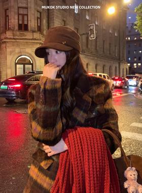 复古港风咖色羊毛格纹羽绒服小个子气质西装毛呢外套