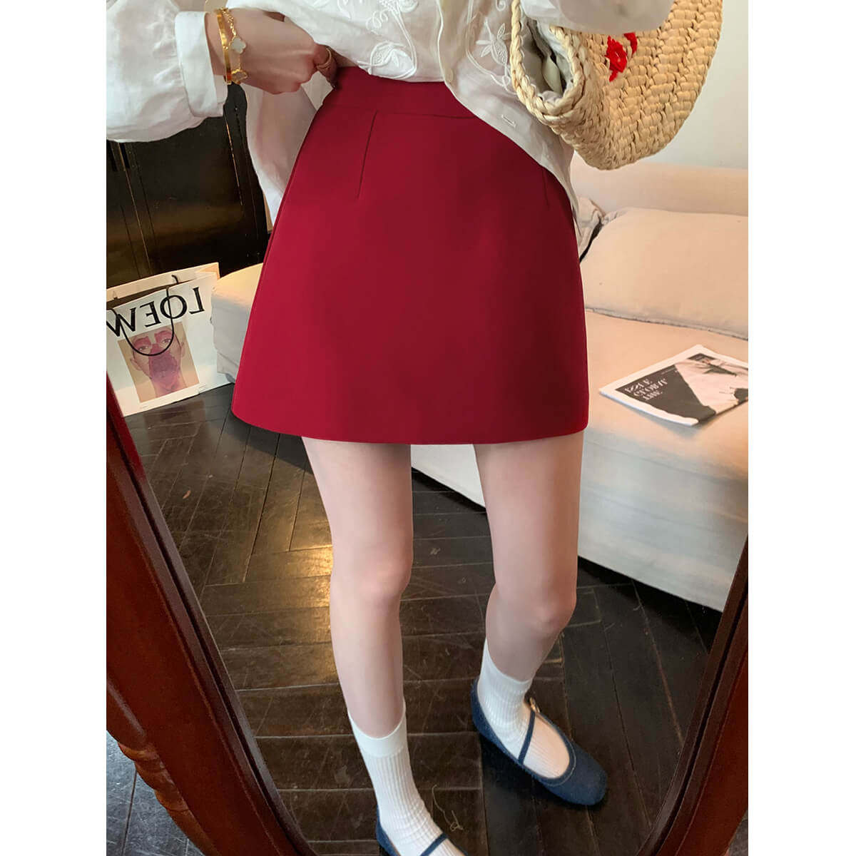YSLS 浪漫定格~ miu系穿搭红色短裙小个子高腰百搭显瘦a字半身裙