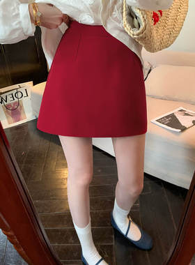 浪漫定格~ miu系穿搭红色短裙小个子高腰百搭显瘦a字半身裙