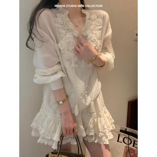 天丝套装 花边短裙时尚 木耳边衬衫 刺绣长袖