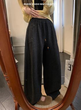 设计感高腰显瘦垂感阔腿裤抽绳加厚宽松百搭休闲裤