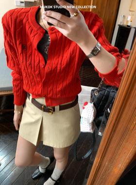 春日次旋律~绵羊毛新年红色毛衣女2025春季新款针织开衫上衣