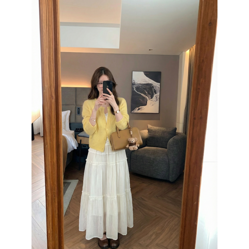 苹苹奶居~马海毛薄款黄色针织开衫春夏圆领宽松毛衣外套上衣