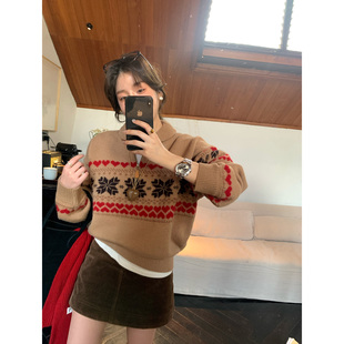 波特兰冬日 费尔岛毛衣100%羊毛复古加厚套头翻领毛线衣女冬