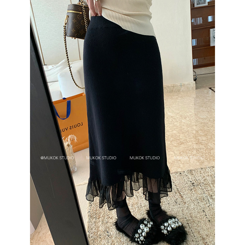 黑色半身裙女2026秋冬新款高腰显瘦网纱拼接百搭中长款a字裙