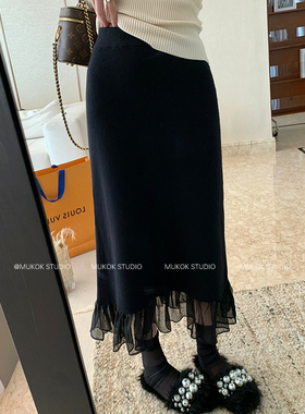 黑色半身裙女2026秋冬新款高腰显瘦网纱拼接百搭中长款a字裙